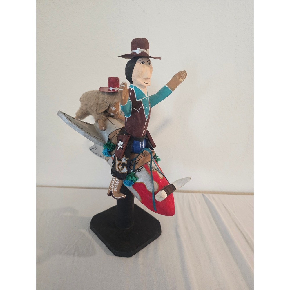 Vintage Hand‎ Carved Wood Folk Art Cowboy Riding Rocket with Sheep Sculpture 20"